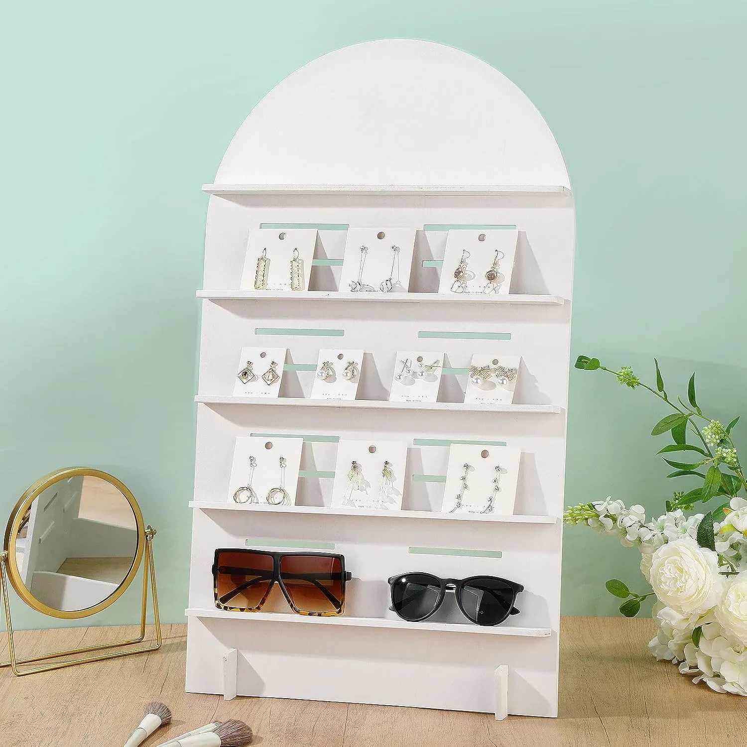 1 Pcs 5 Tier Wooden Earring Display Stand Jewelry Display Rack with Adjustable Height for Retail Storage (Grey White)