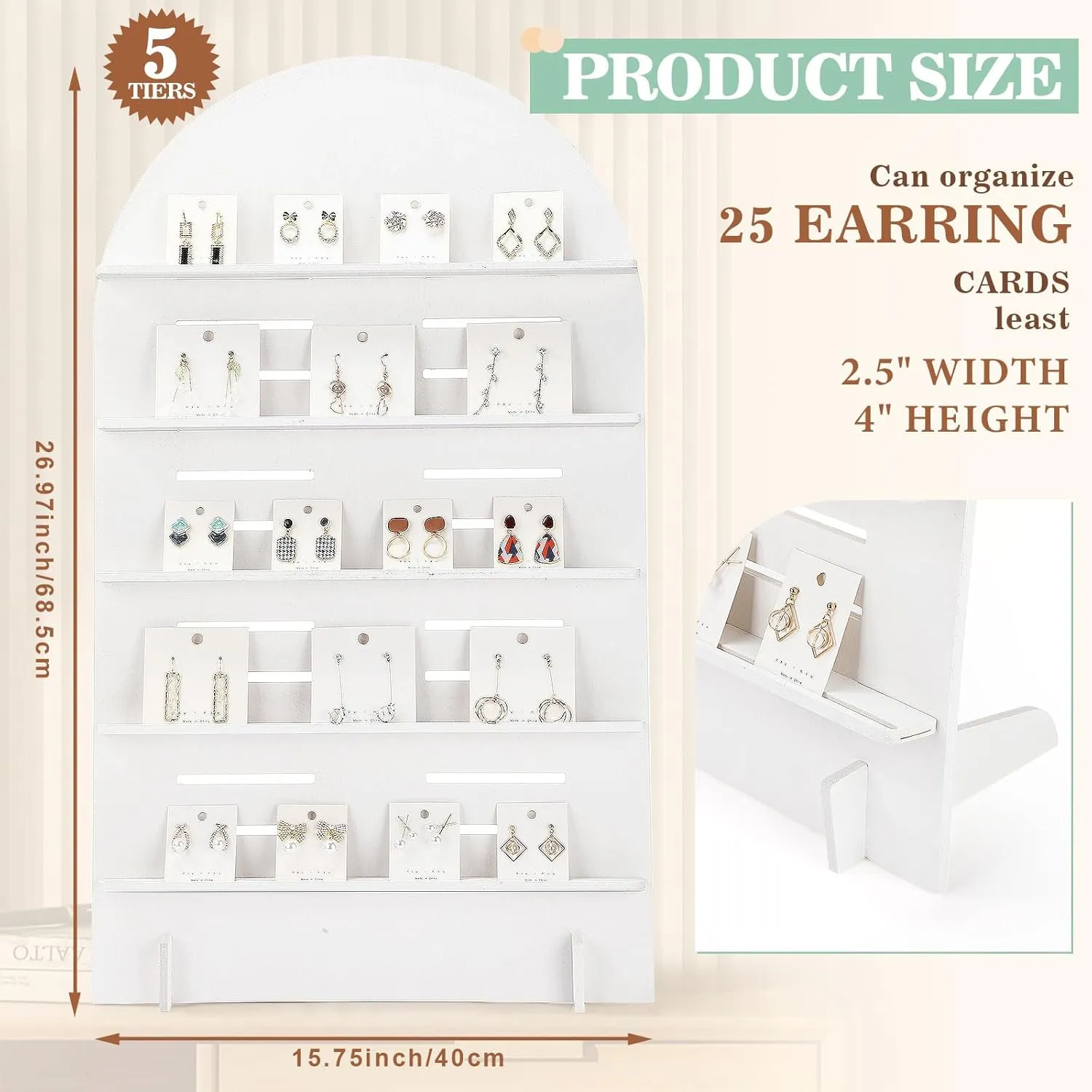 1 Pcs 5 Tier Wooden Earring Display Stand Jewelry Display Rack with Adjustable Height for Retail Storage (Grey White)