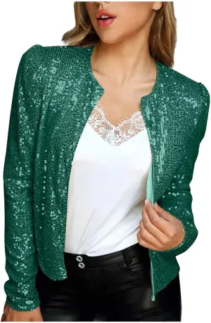 2024 Sequin Jackets Women Evening Party Glitter Tops Front Zip Long Sleeve Jackets Fashion Sparkly Bomber Clothes