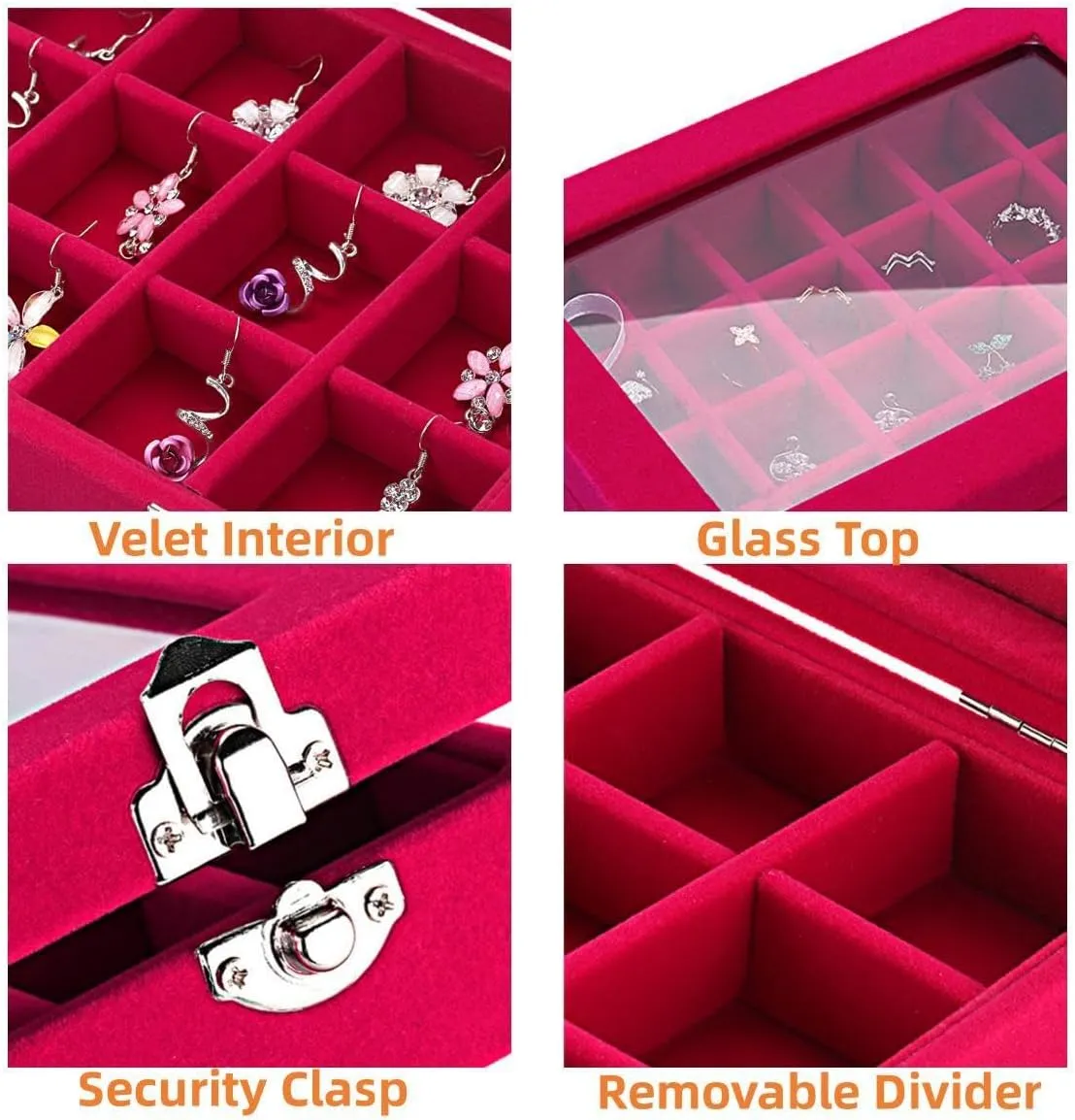 24 Section Velvet Glass Jewelry Ring Display Organiser Box Tray Holder Earrings Storage Case (Pink)