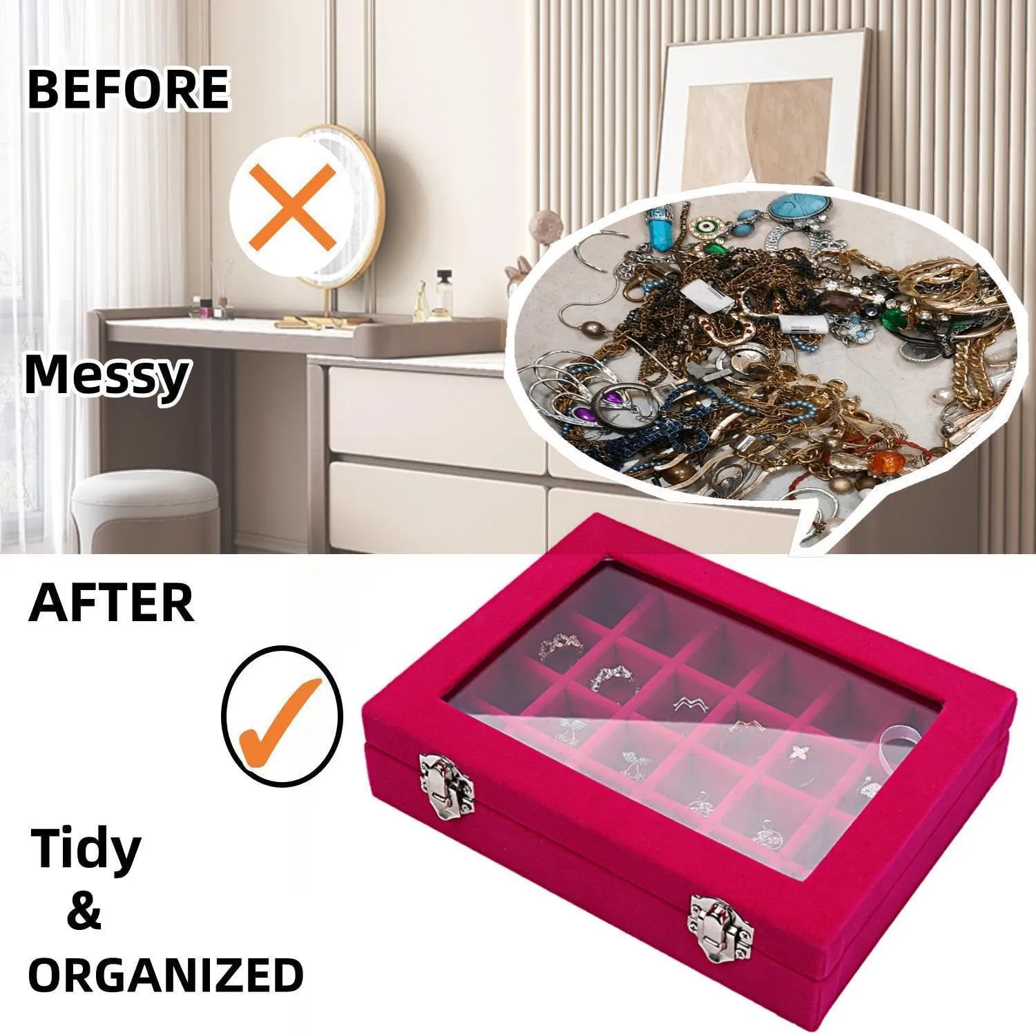 24 Section Velvet Glass Jewelry Ring Display Organiser Box Tray Holder Earrings Storage Case (Pink)