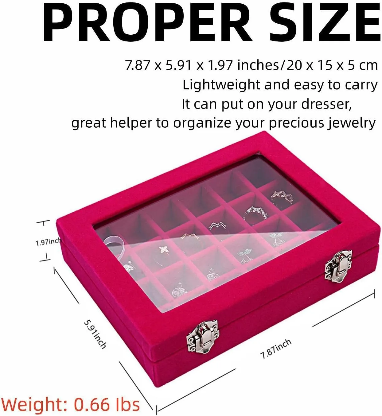 24 Section Velvet Glass Jewelry Ring Display Organiser Box Tray Holder Earrings Storage Case (Pink)