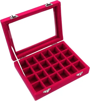 24 Section Velvet Glass Jewelry Ring Display Organiser Box Tray Holder Earrings Storage Case (Pink)