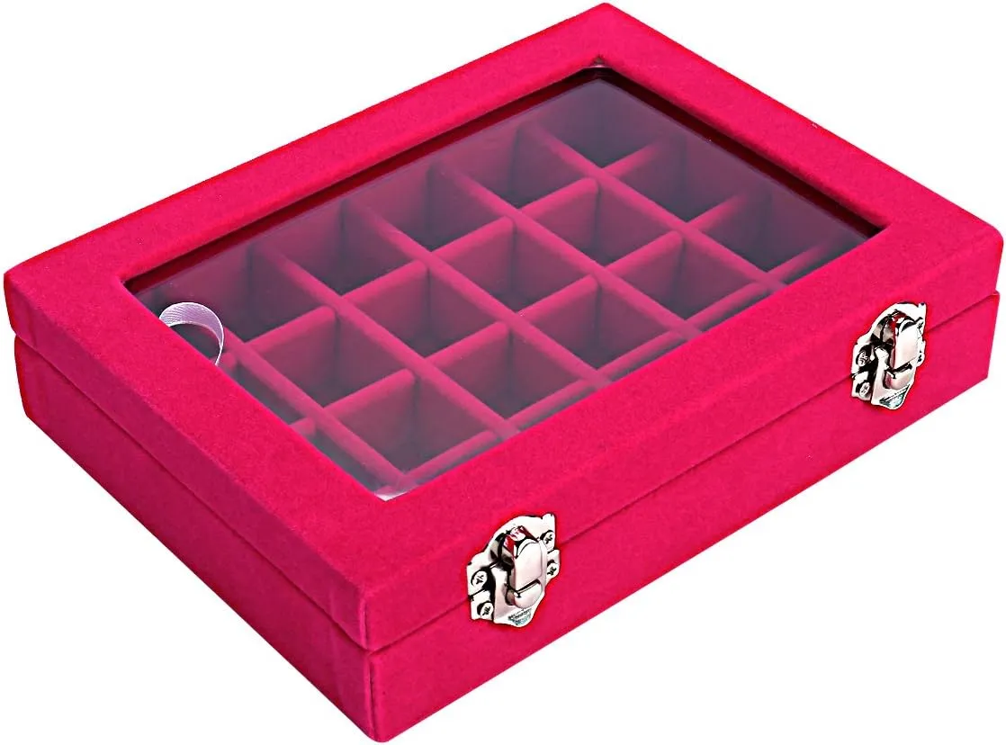 24 Section Velvet Glass Jewelry Ring Display Organiser Box Tray Holder Earrings Storage Case (Pink)