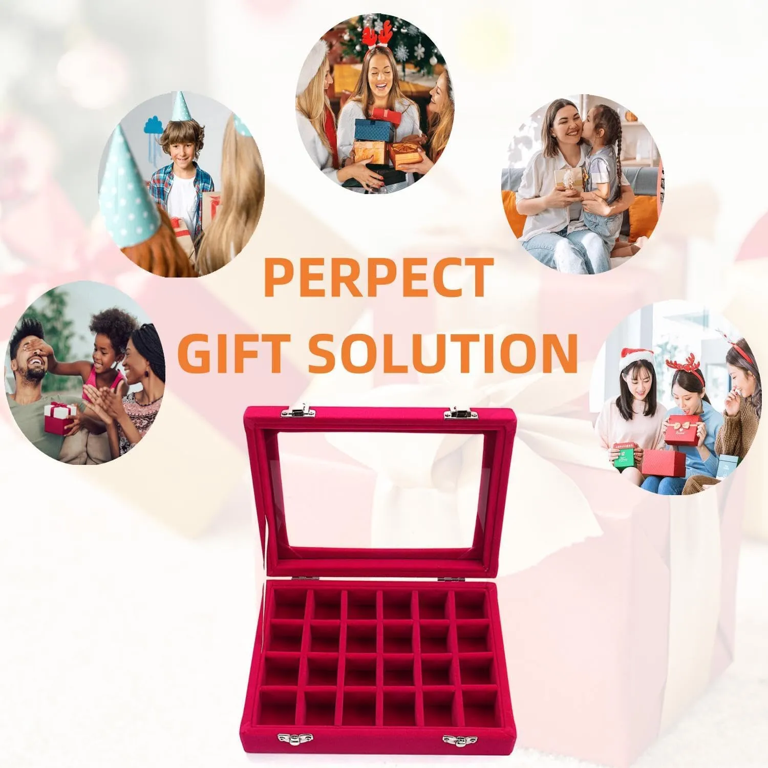 24 Section Velvet Glass Jewelry Ring Display Organiser Box Tray Holder Earrings Storage Case (Pink)