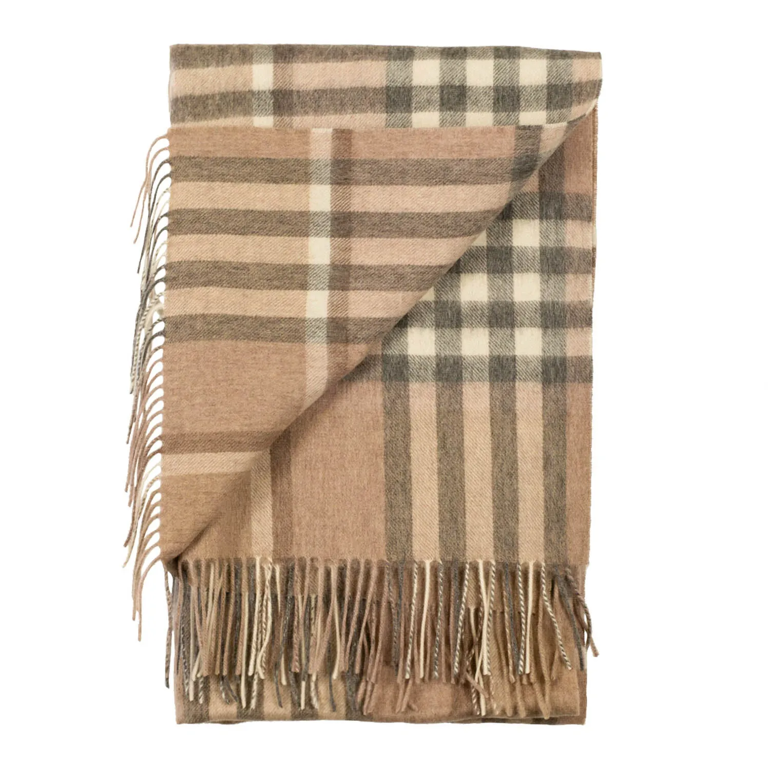 90/10 Tartan Cashmere Blanket Scarf  Grey/Natural
