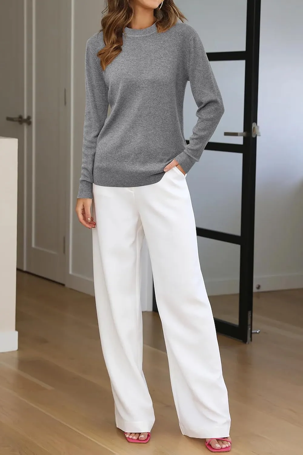 Arach&Cloz Women's Wool Blend Classic Crew Neck Casual Fall Sweaters