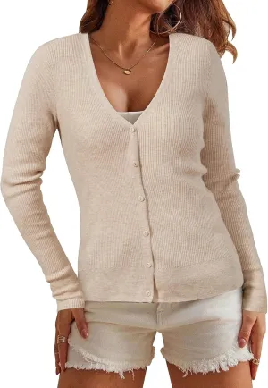 Arach&Cloz Womens Wool Blended Ribbed Cardigan Lightweight Long Sleeve Sweater 2025 Spring Fashion Button Down Knit Top