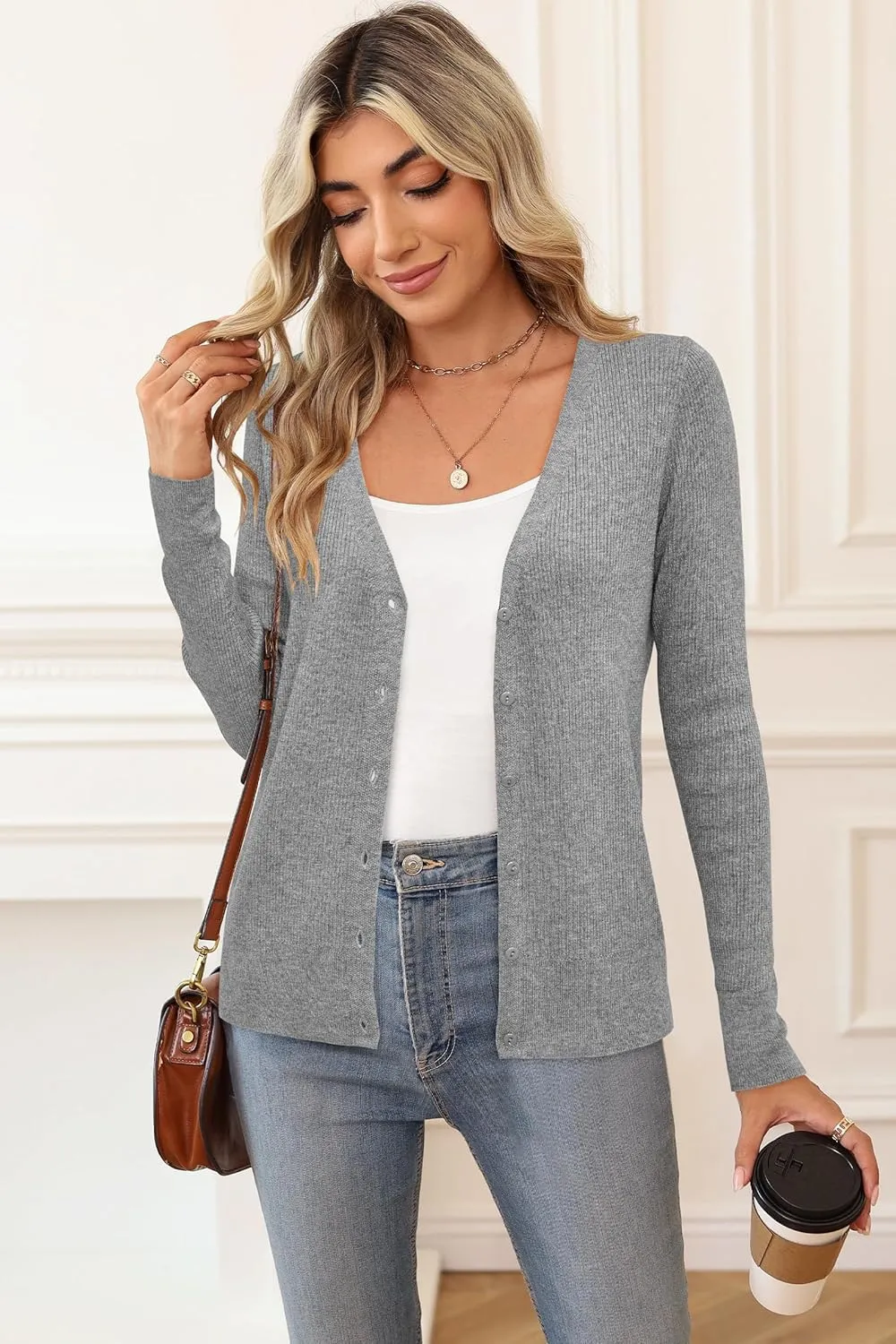 Arach&Cloz Womens Wool Blended Ribbed Cardigan Lightweight Long Sleeve Sweater 2025 Spring Fashion Button Down Knit Top