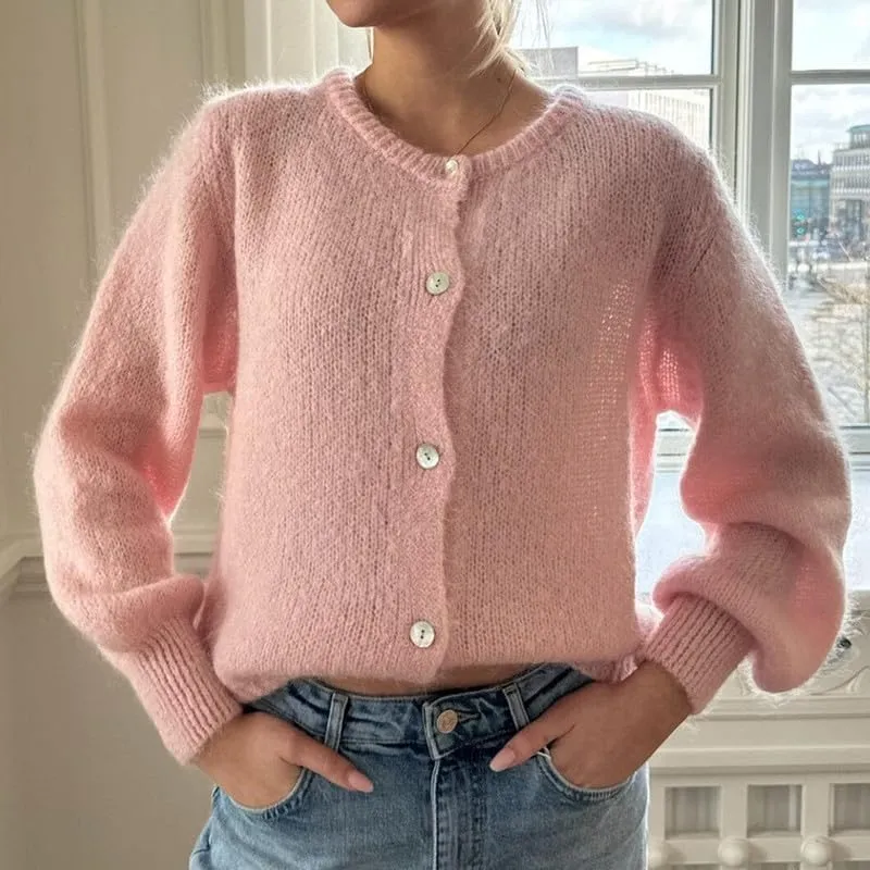 Argeousgor Women Y2k Crop Cardigan Sweater Knit Solid Color Crew Neck Button Down Long Sleeve Tops Fall Knitwear Streetwear
