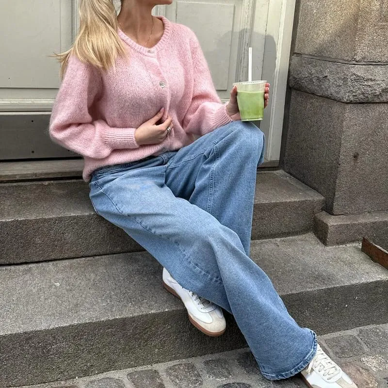 Argeousgor Women Y2k Crop Cardigan Sweater Knit Solid Color Crew Neck Button Down Long Sleeve Tops Fall Knitwear Streetwear