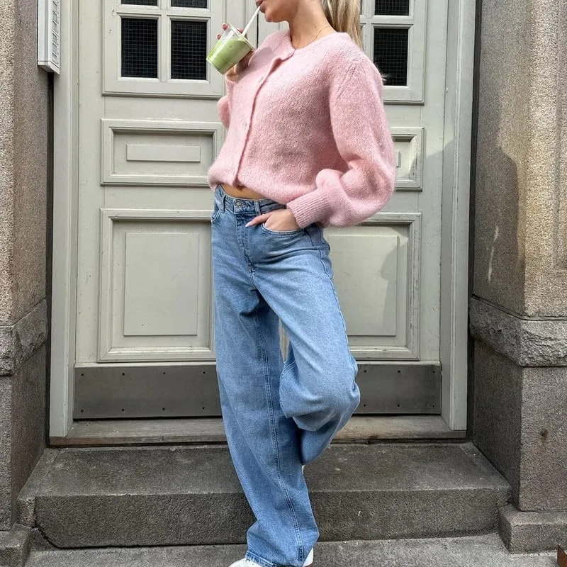 Argeousgor Women Y2k Crop Cardigan Sweater Knit Solid Color Crew Neck Button Down Long Sleeve Tops Fall Knitwear Streetwear