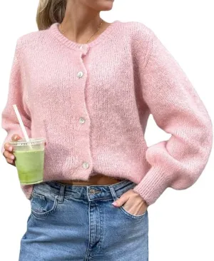 Argeousgor Women Y2k Crop Cardigan Sweater Knit Solid Color Crew Neck Button Down Long Sleeve Tops Fall Knitwear Streetwear