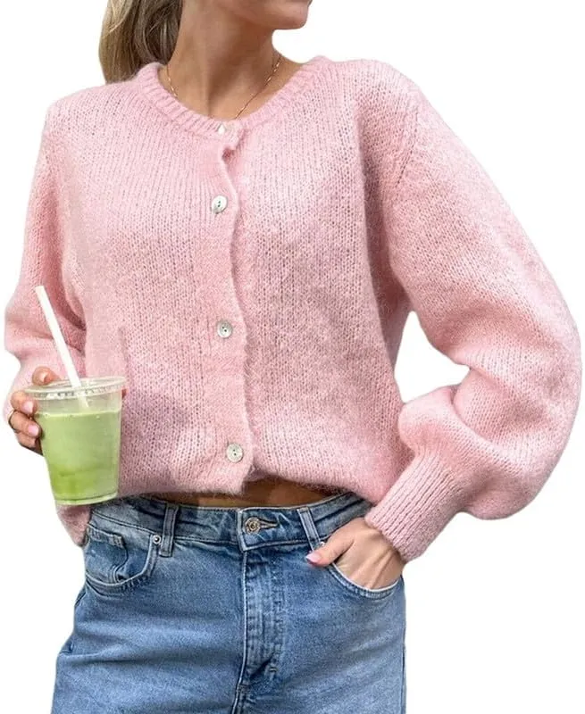 Argeousgor Women Y2k Crop Cardigan Sweater Knit Solid Color Crew Neck Button Down Long Sleeve Tops Fall Knitwear Streetwear