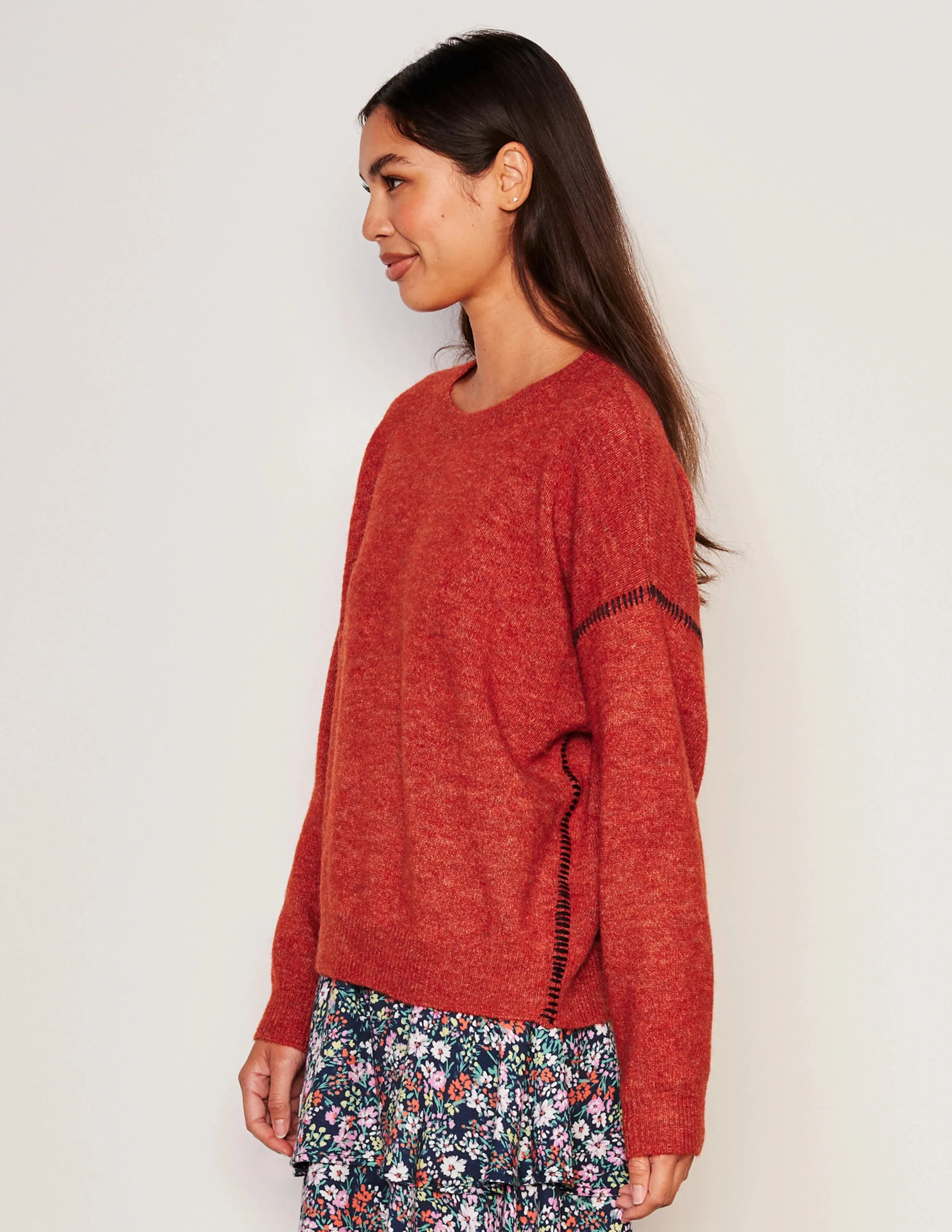 Baseball Stitch Crew Neck Sweater - Red Rock
