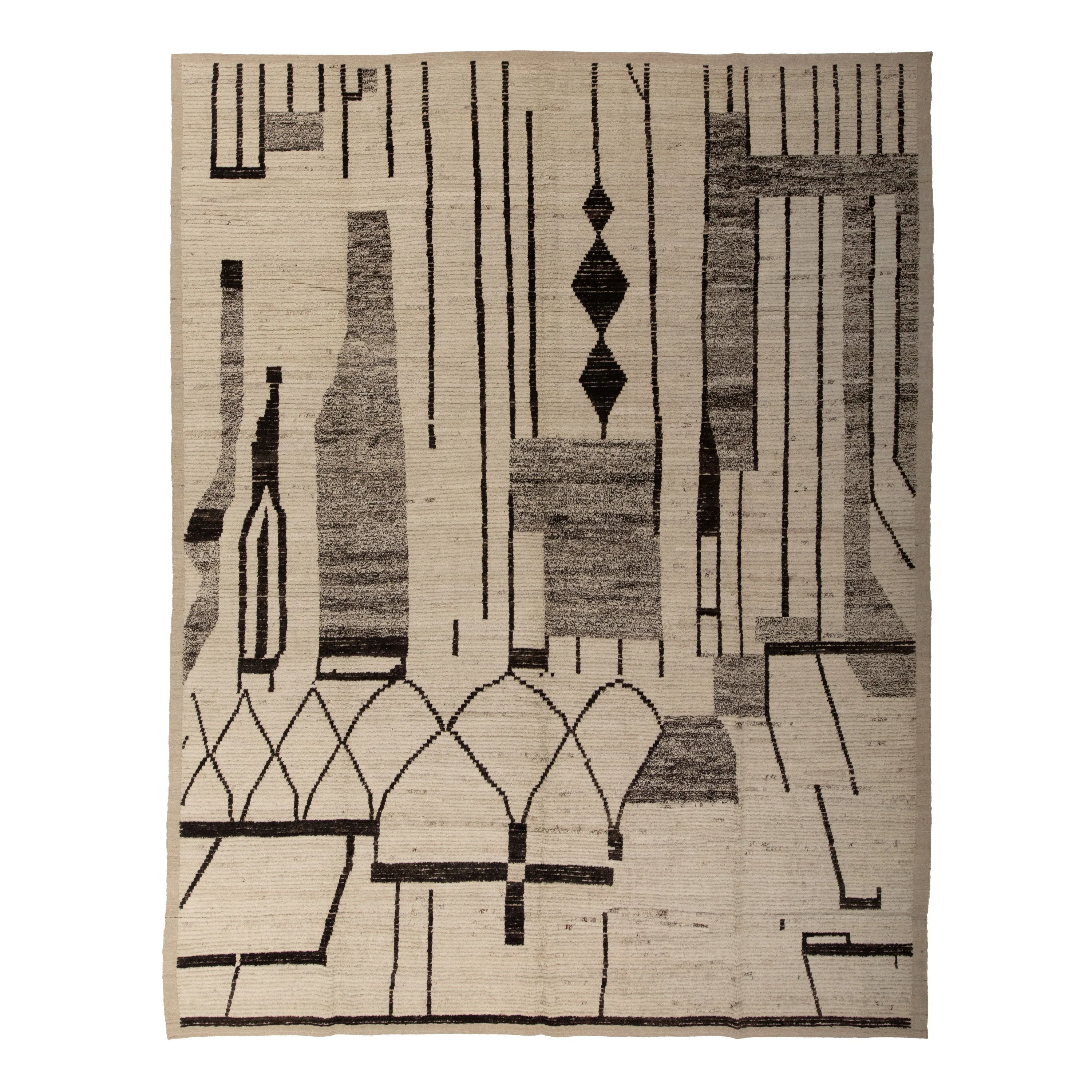 Black & Cream Zameen Modern Wool Rug - 10'8" x 13'10"