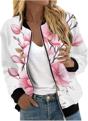 Bomber Jacket Women 2024 Causal Floral Zip Up Coats Stand Collar Fall Jackets Lightweight Outerwear Windbreaker