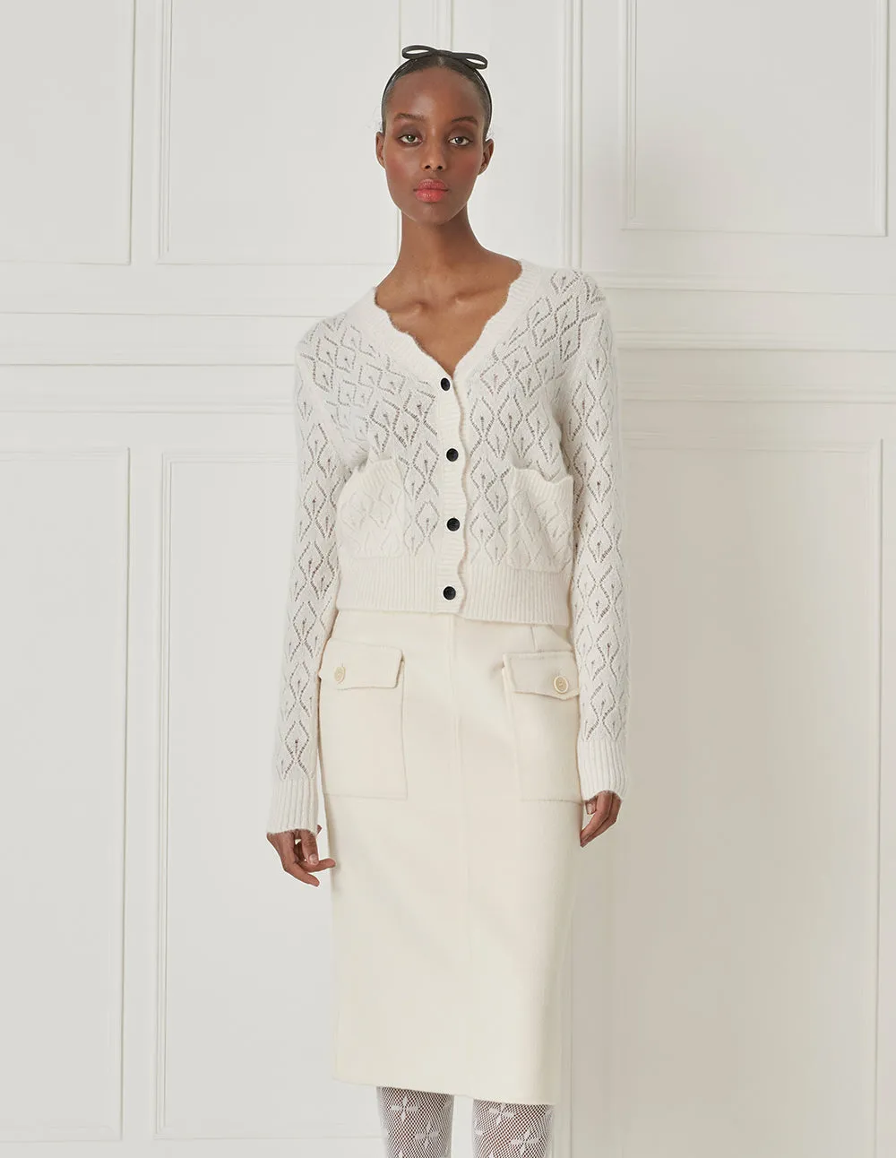BORA AKSU V-Neck White Wool Knitted Cardigan