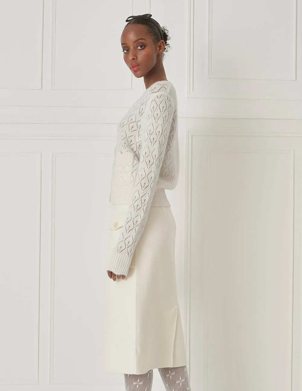 BORA AKSU V-Neck White Wool Knitted Cardigan