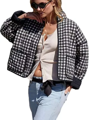Bozanly Women's Cropped Puffer Quilted Jacket Plaid Printed Lightweight Long Sleeve Zipper Padded Coat