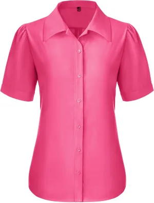 Button Down Shirts for Women Puff Short Sleeve Button Up Dress Shirts Collared Fitted Blouse Work Business Top