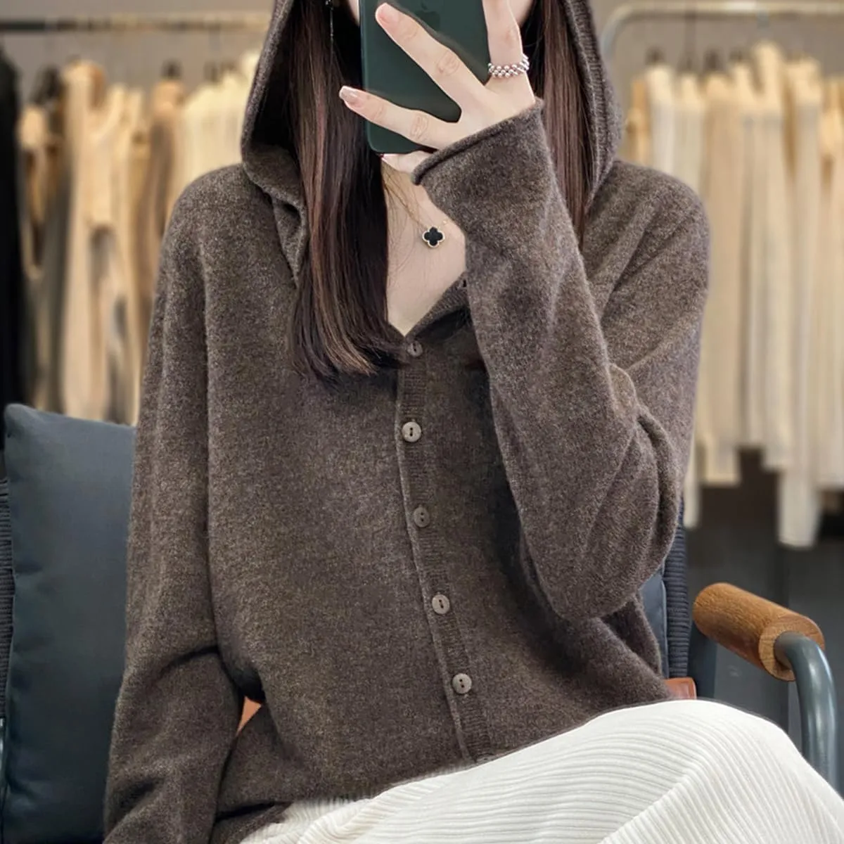 Cashmere Sweaters for Women Button Down V Neck Hooded Cardigan Casual Loose Long Sleeve Soft Knit Pullover Tops