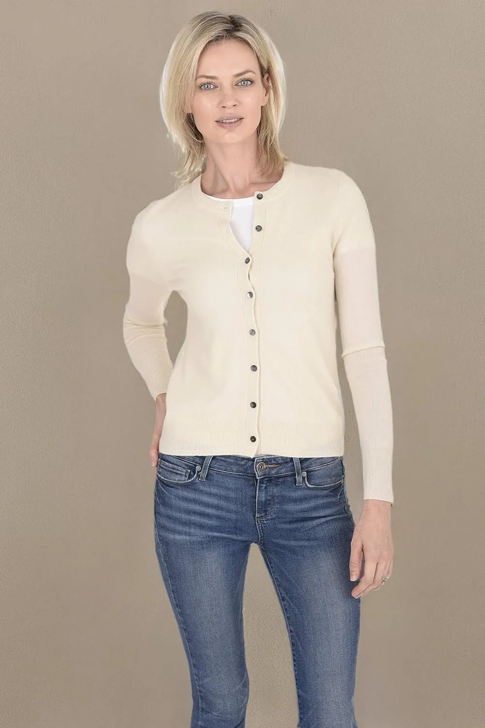Cashmeren Crewneck Cardigan Sweater 100% Cashmere Button Front Long Sleeve Pullover for Women