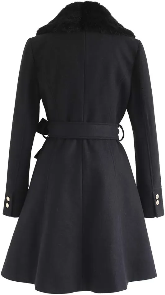 CHICWISH Women's Taupe/Nude Pink/Black Faux Fur Wide Lapel Turn Down Shawl Collar Belted Flare Wool Blend Coat