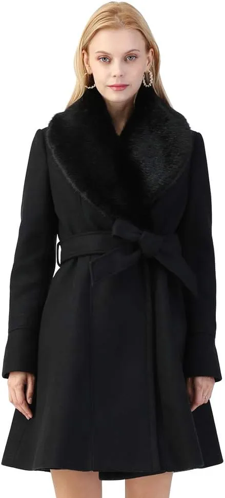 CHICWISH Women's Taupe/Nude Pink/Black Faux Fur Wide Lapel Turn Down Shawl Collar Belted Flare Wool Blend Coat