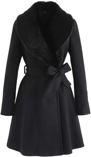 CHICWISH Women's Taupe/Nude Pink/Black Faux Fur Wide Lapel Turn Down Shawl Collar Belted Flare Wool Blend Coat