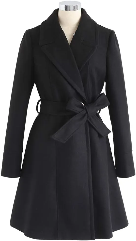 CHICWISH Women's Taupe/Nude Pink/Black Faux Fur Wide Lapel Turn Down Shawl Collar Belted Flare Wool Blend Coat