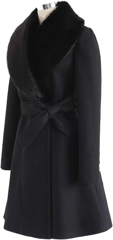 CHICWISH Women's Taupe/Nude Pink/Black Faux Fur Wide Lapel Turn Down Shawl Collar Belted Flare Wool Blend Coat