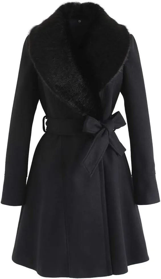CHICWISH Women's Taupe/Nude Pink/Black Faux Fur Wide Lapel Turn Down Shawl Collar Belted Flare Wool Blend Coat