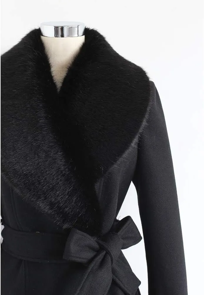 CHICWISH Women's Taupe/Nude Pink/Black Faux Fur Wide Lapel Turn Down Shawl Collar Belted Flare Wool Blend Coat