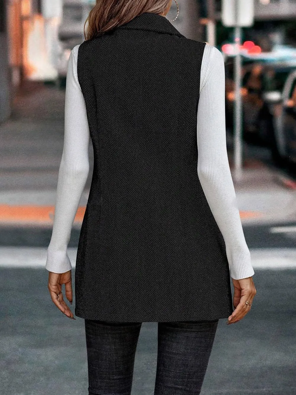 chouyatou Women's Casual Double Breasted Long Wool Vest Notched Lapel Sleeveless Wool Blend Trench Pea Coat