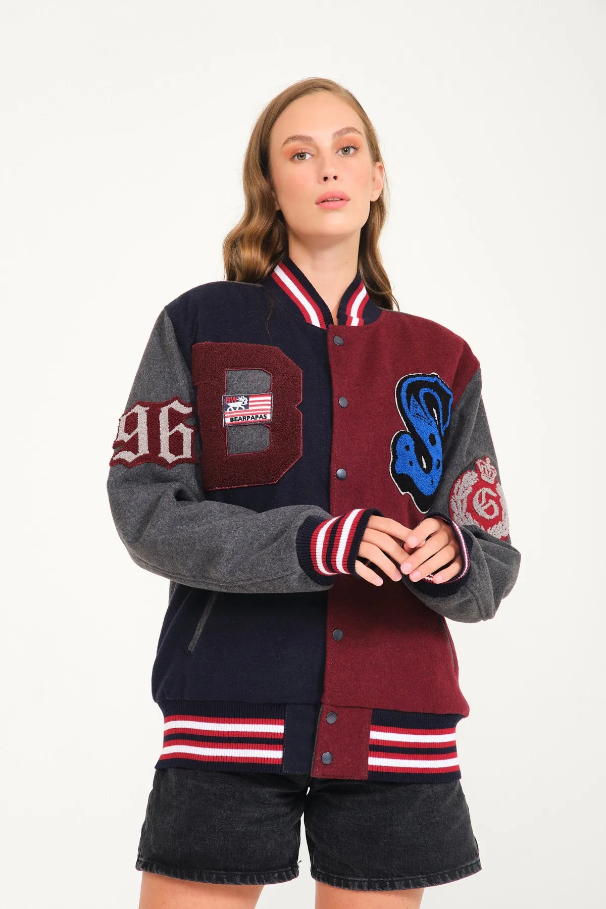 Color Block Wool Varsity jacket with patches