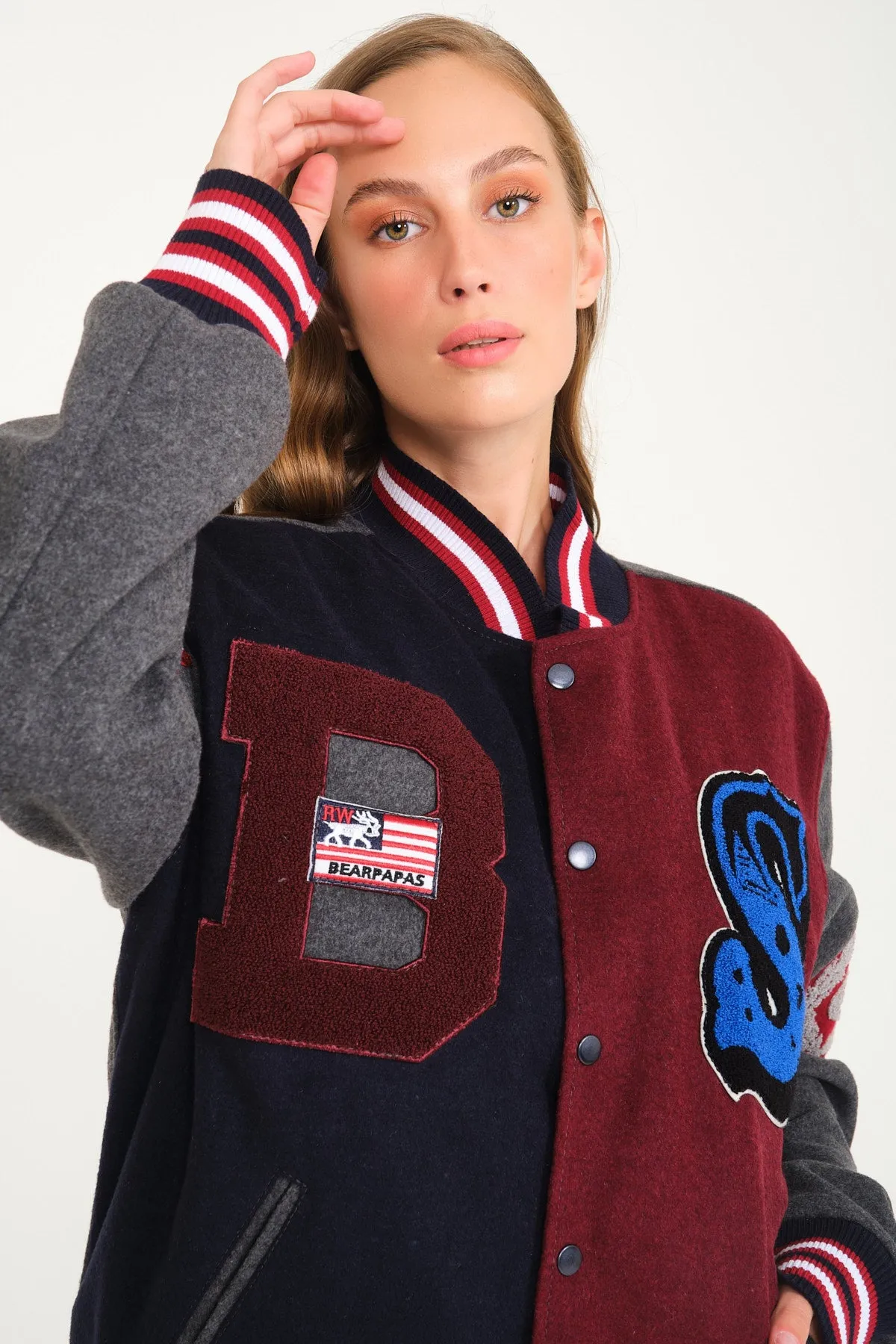 Color Block Wool Varsity jacket with patches