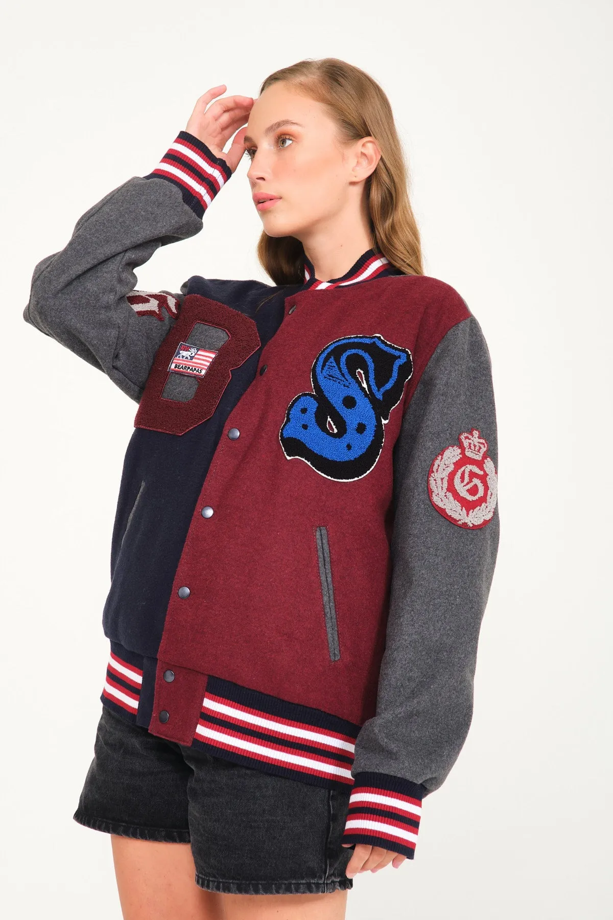 Color Block Wool Varsity jacket with patches