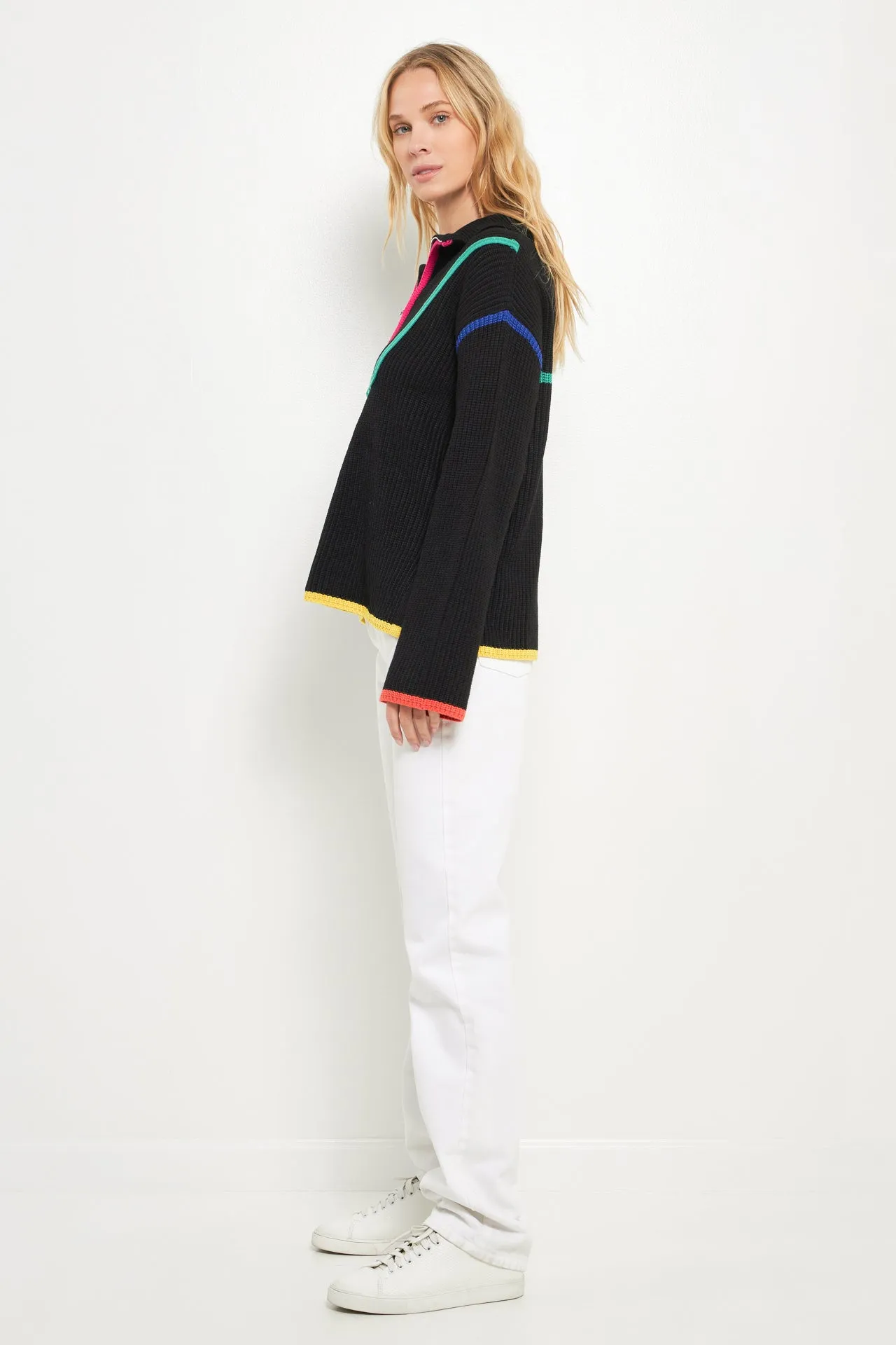 Contrast Piping Quarter-Zip Oversized Sweater
