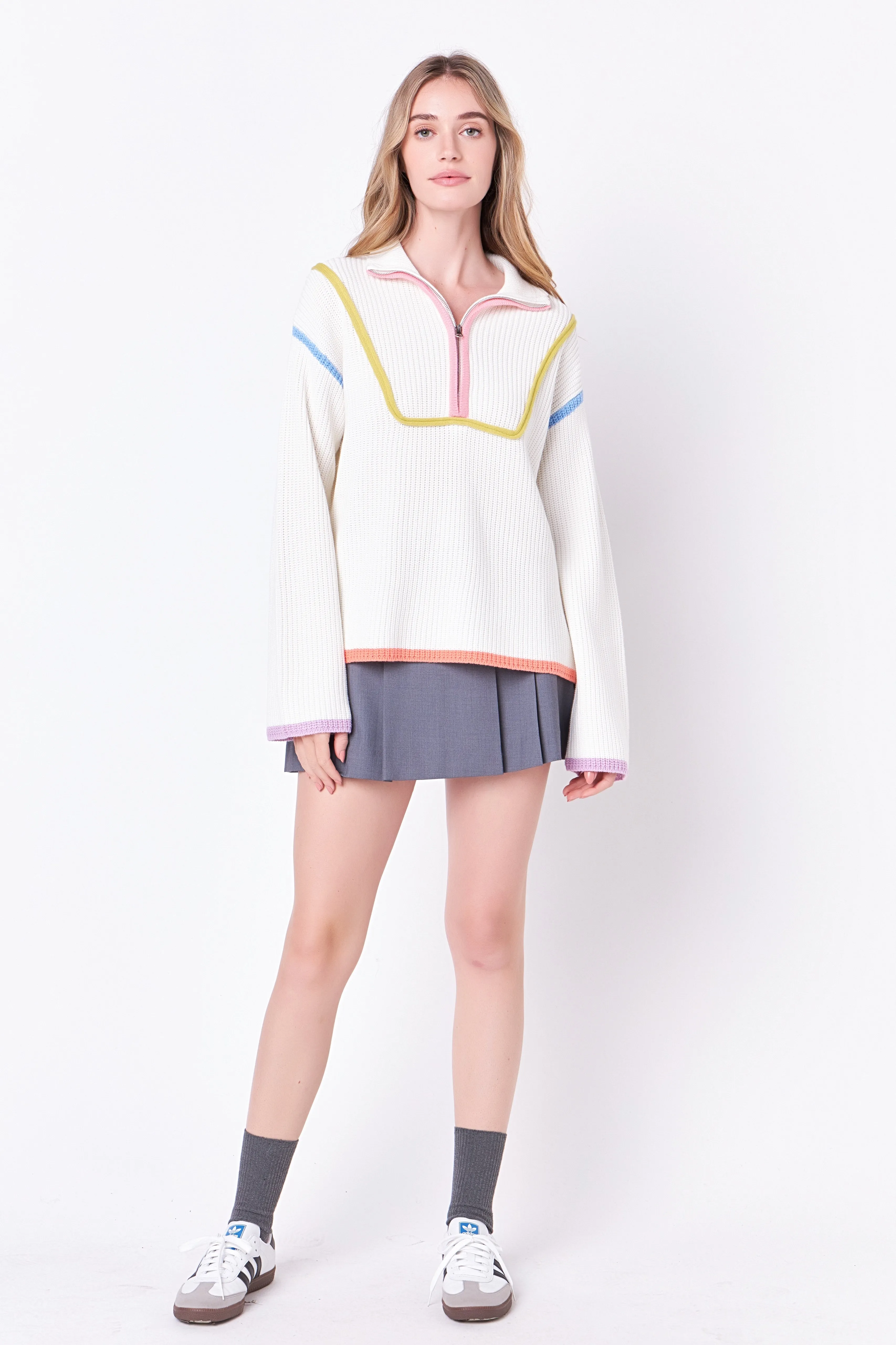 Contrast Piping Quarter-Zip Oversized Sweater