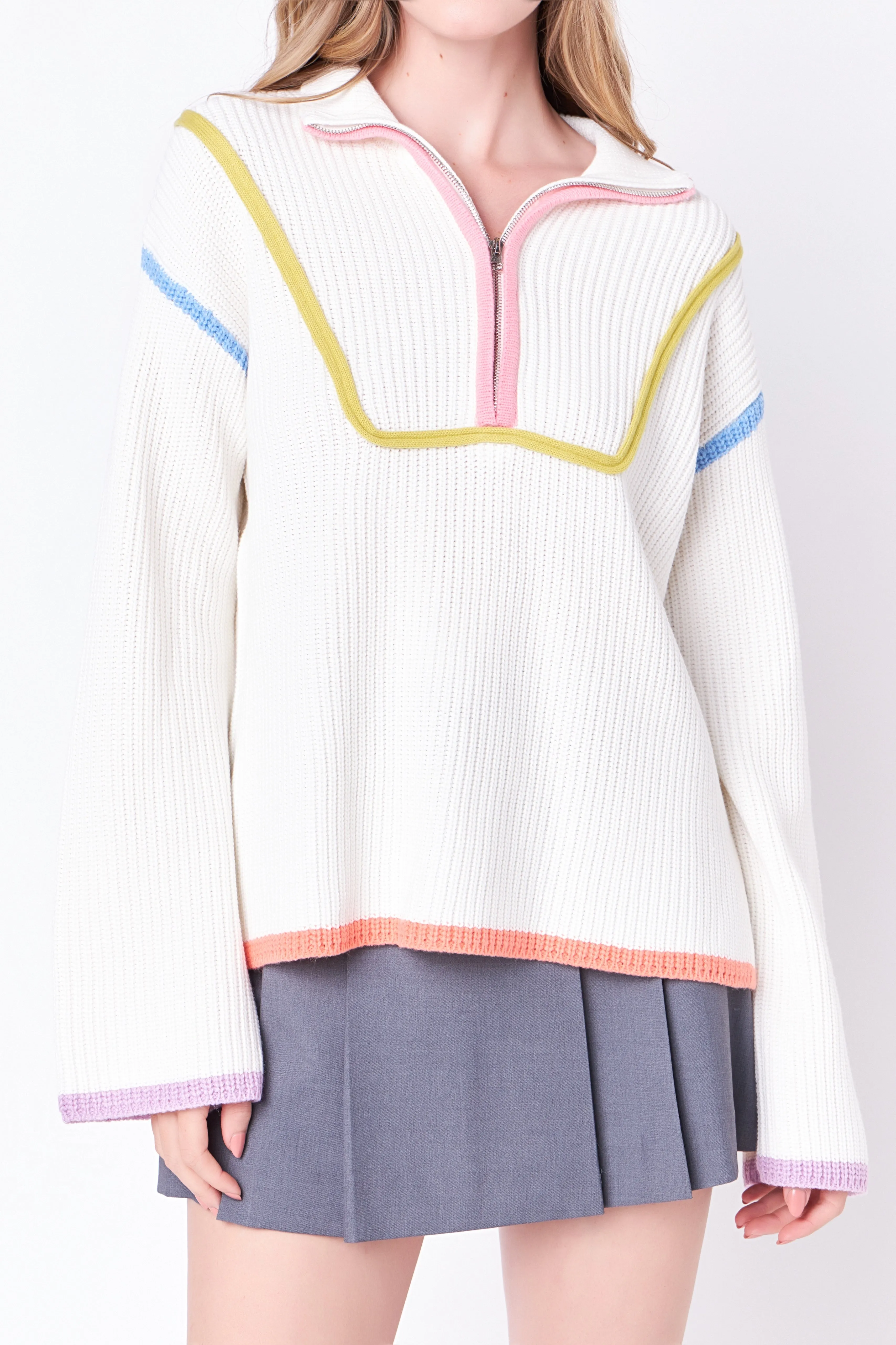 Contrast Piping Quarter-Zip Oversized Sweater