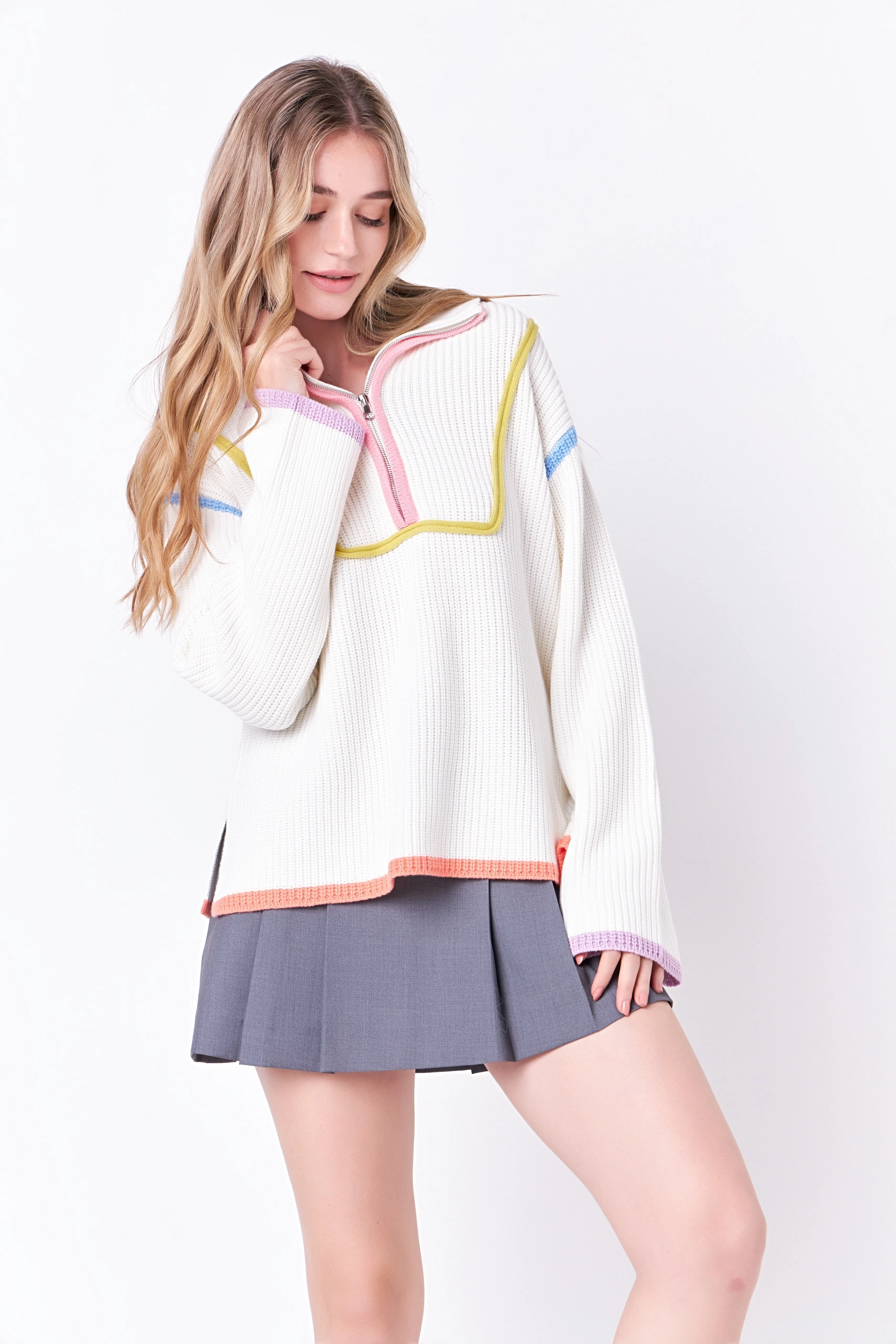 Contrast Piping Quarter-Zip Oversized Sweater