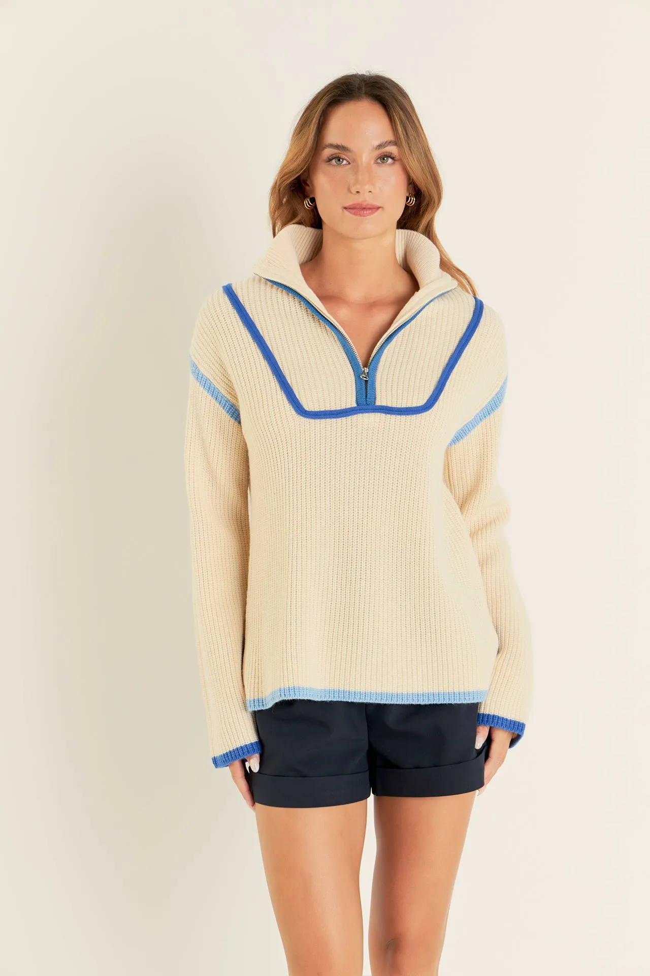 Contrast Piping Quarter-Zip Oversized Sweater