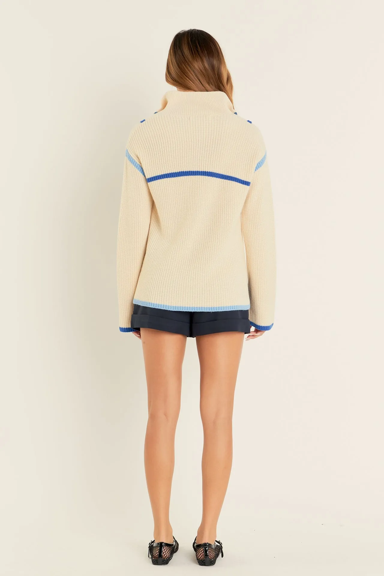 Contrast Piping Quarter-Zip Oversized Sweater