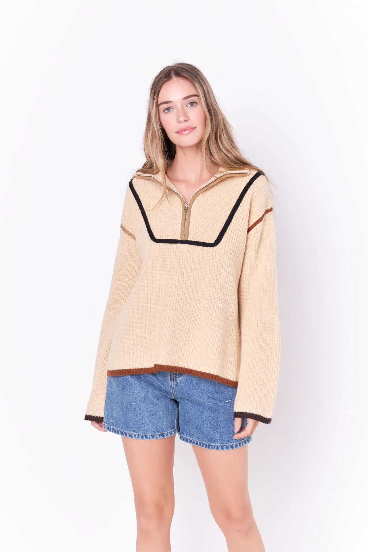Contrast Piping Quarter-Zip Oversized Sweater