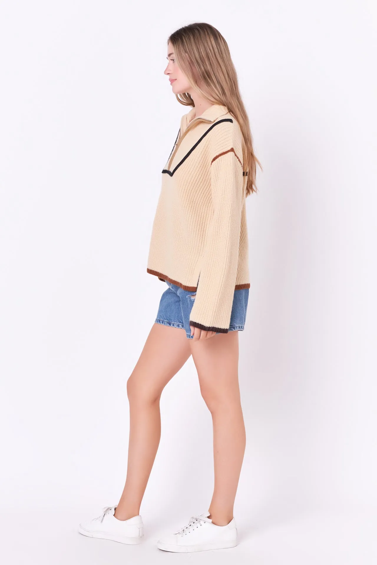 Contrast Piping Quarter-Zip Oversized Sweater
