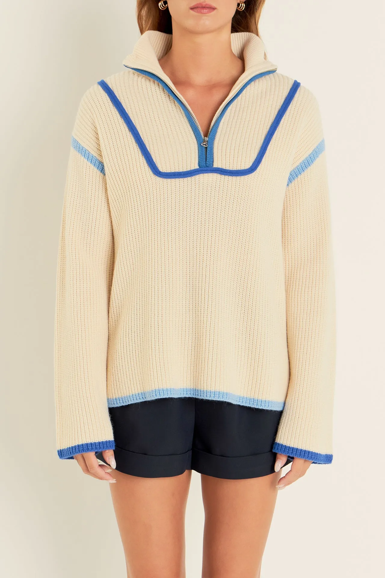 Contrast Piping Quarter-Zip Oversized Sweater
