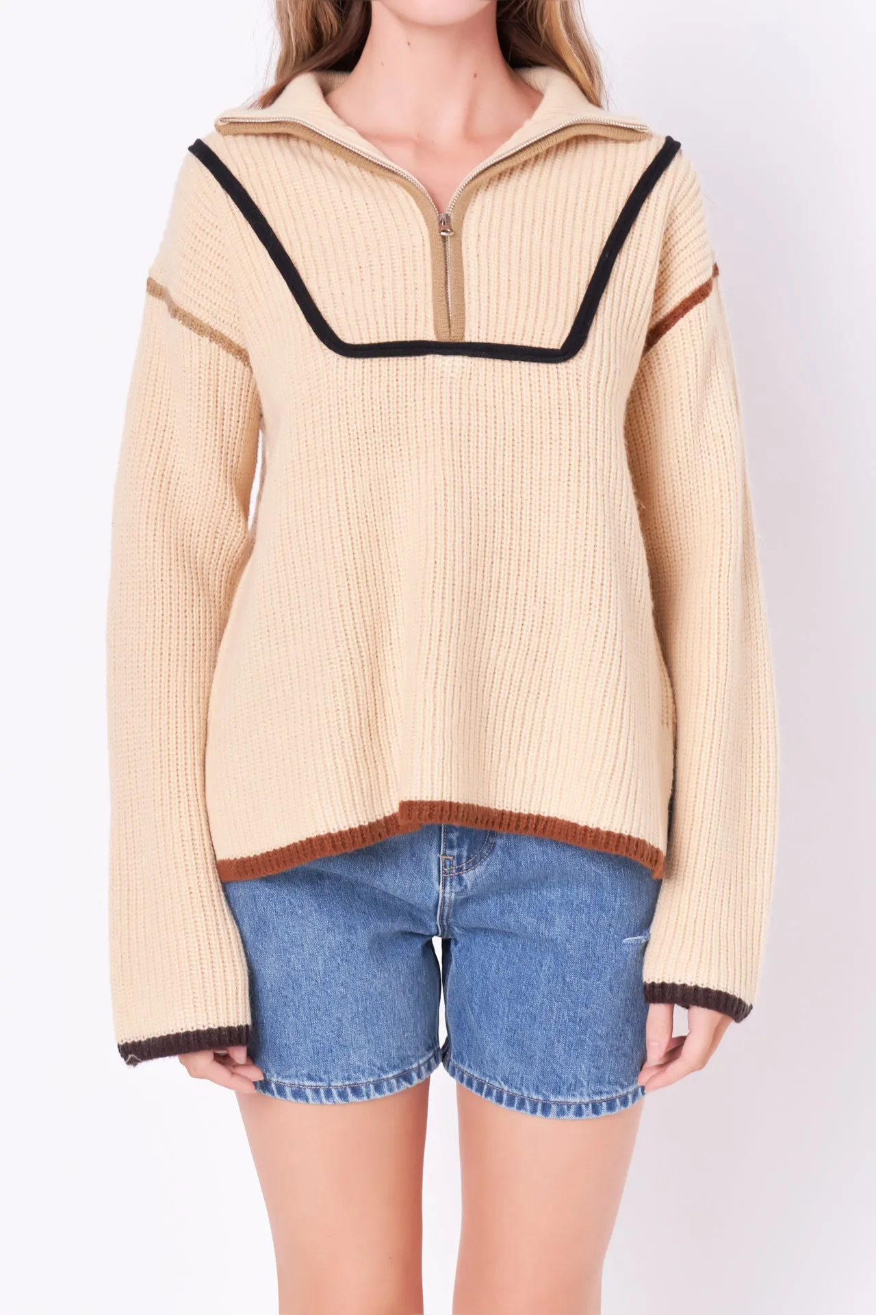Contrast Piping Quarter-Zip Oversized Sweater
