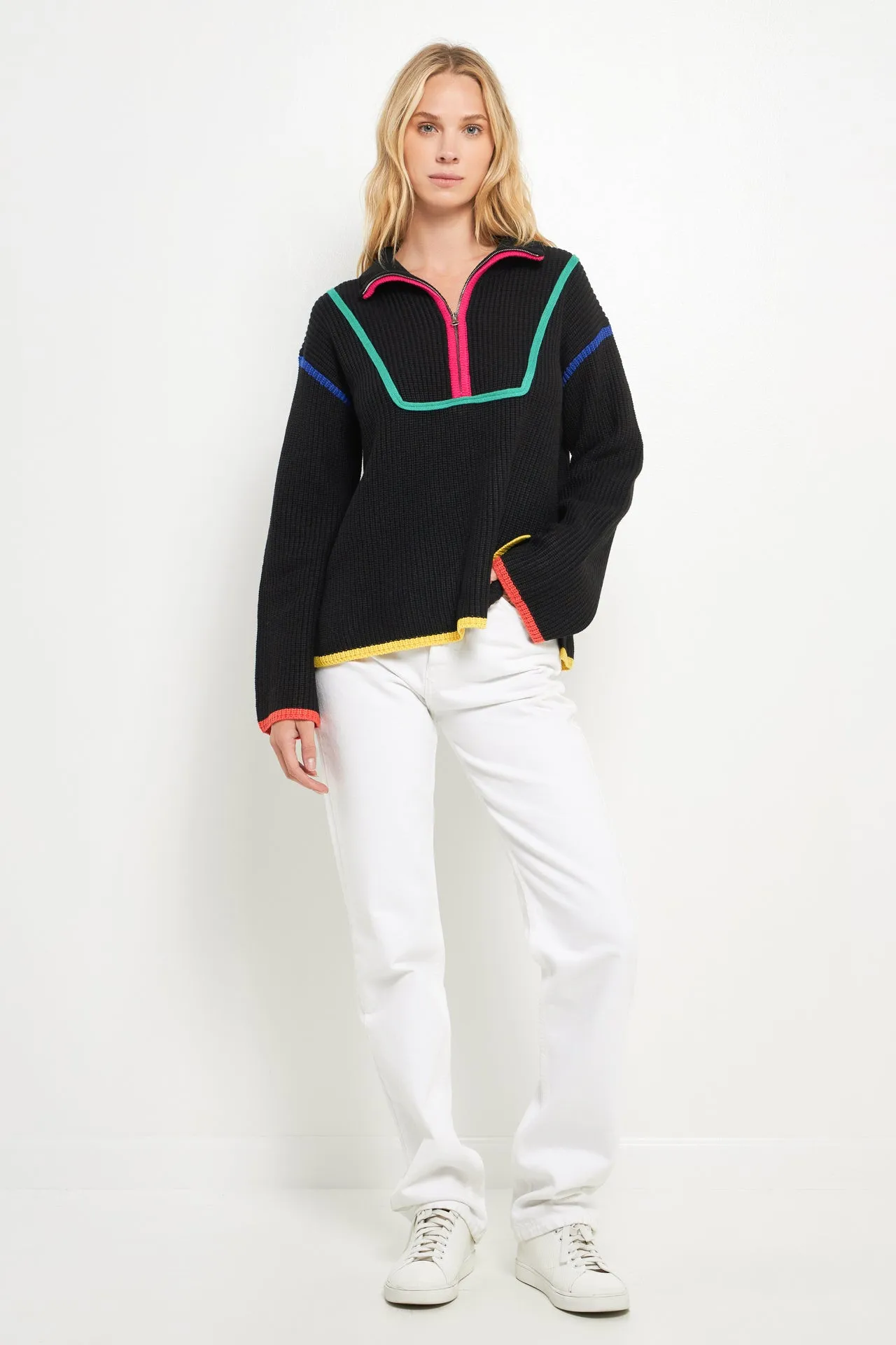 Contrast Piping Quarter-Zip Oversized Sweater