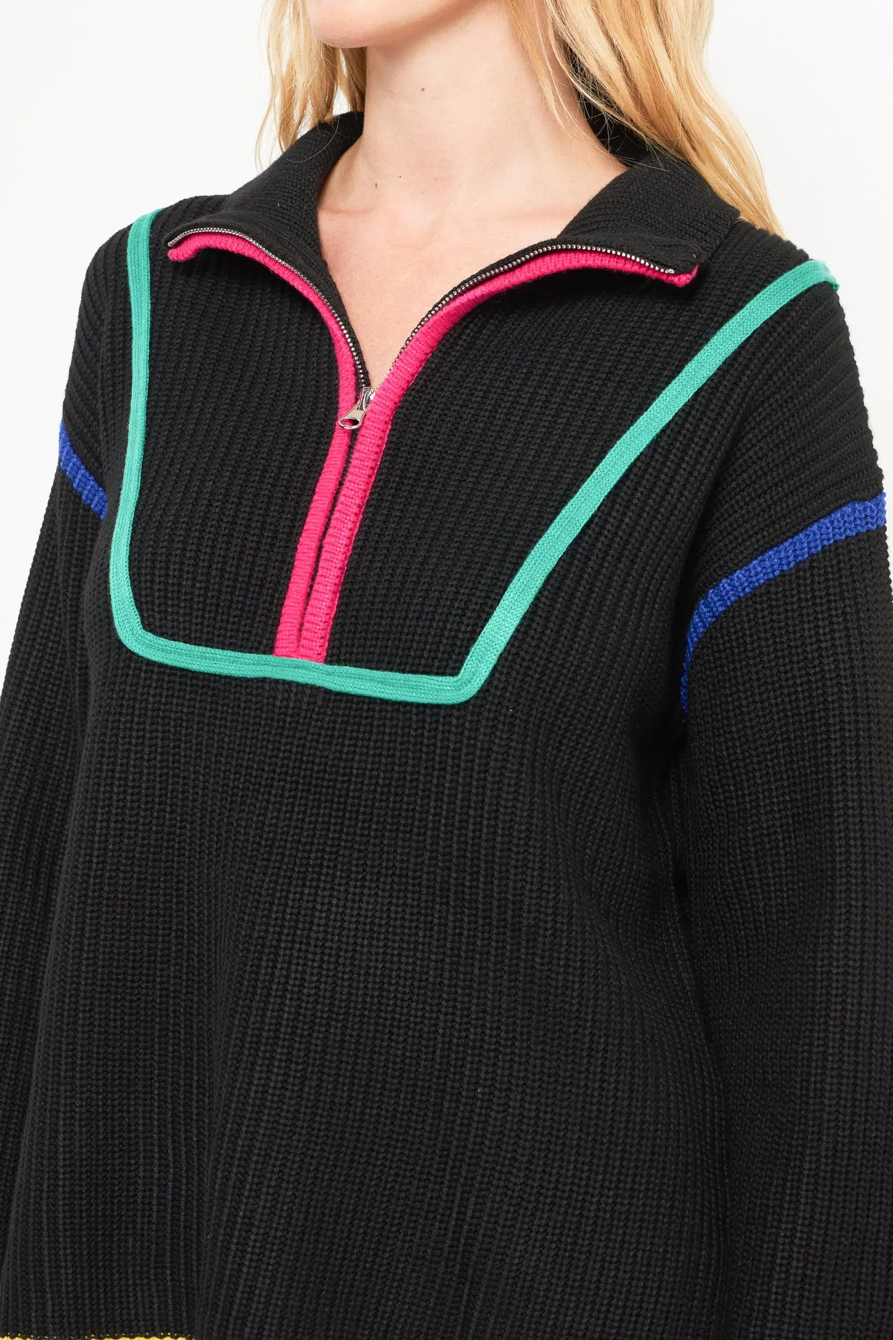 Contrast Piping Quarter-Zip Oversized Sweater